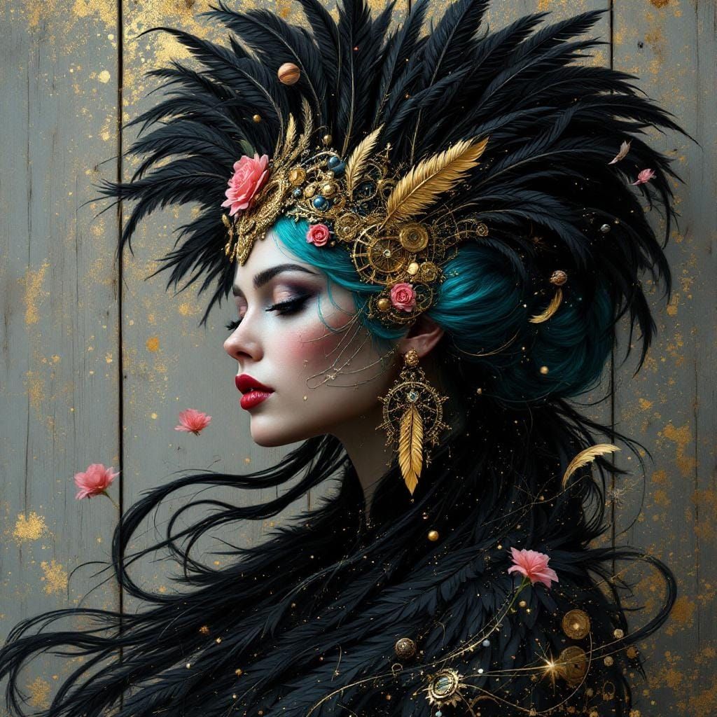 Regal Woman with Feathered Headdress in Renaissance Style