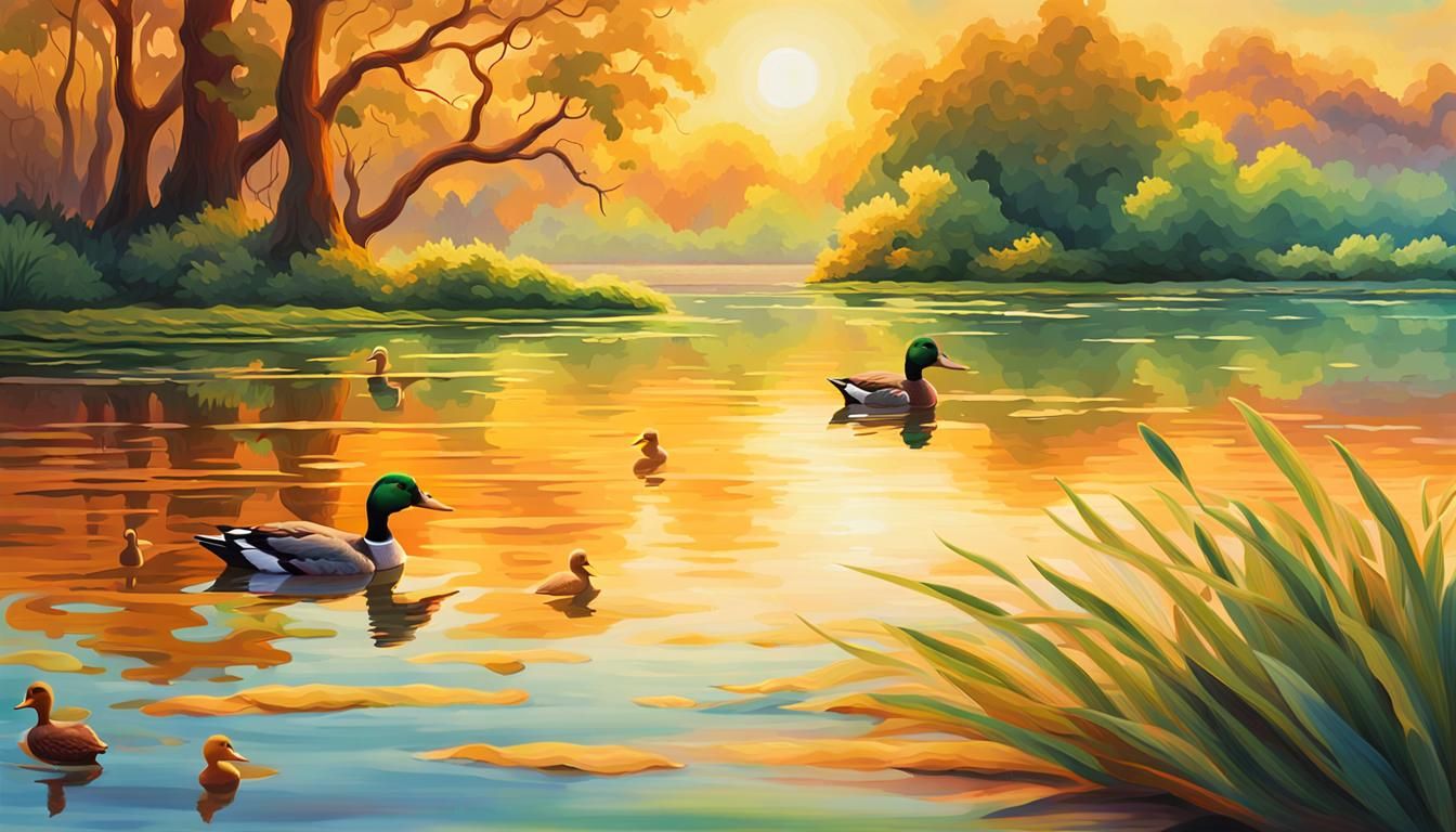 Idyllic Lake with Exotic Birds, Impressionist Oil Painting