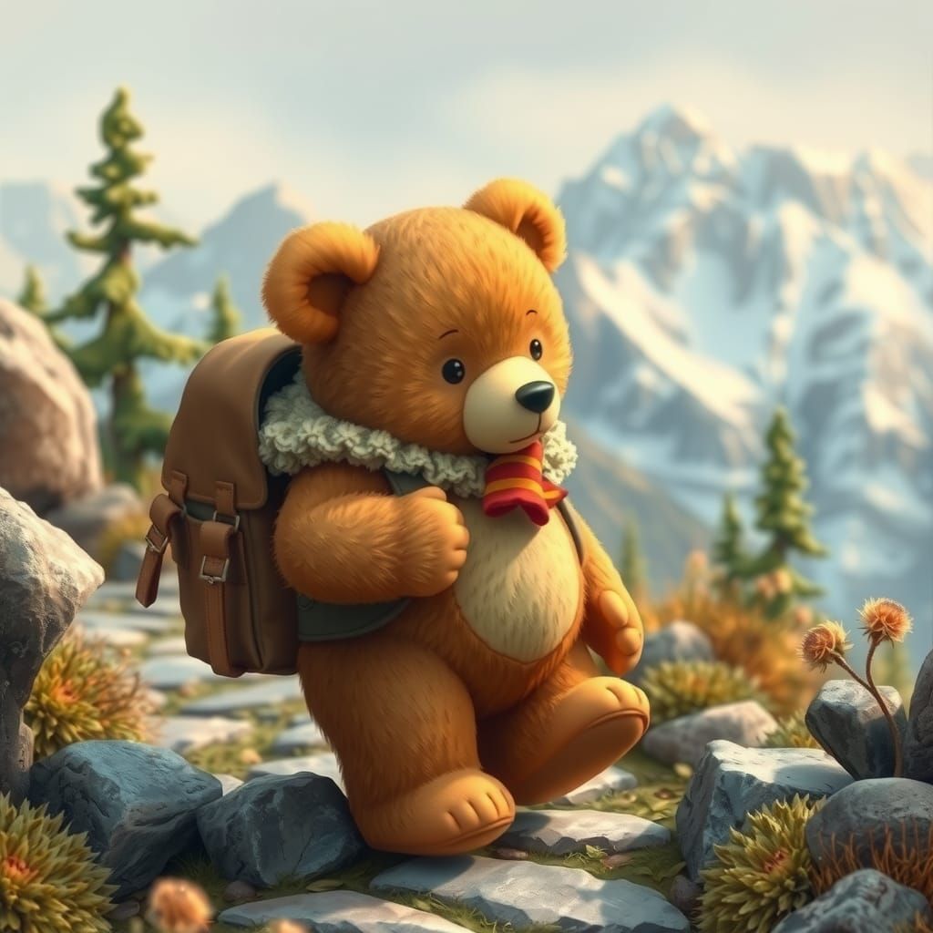 Teddy Bear Hiking with Backpack in Porcelain Art Style