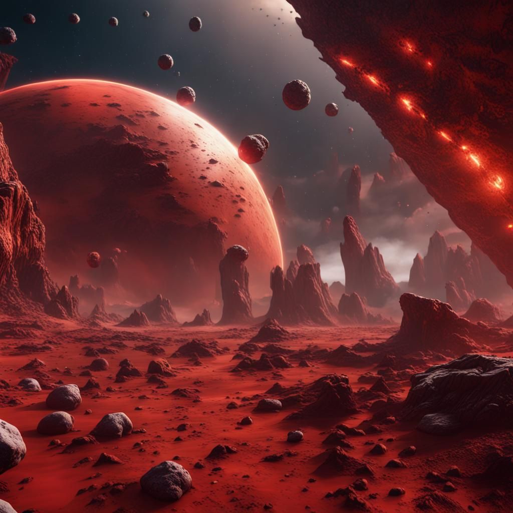 Red Planet with Asteroids: Detailed Matte Painting