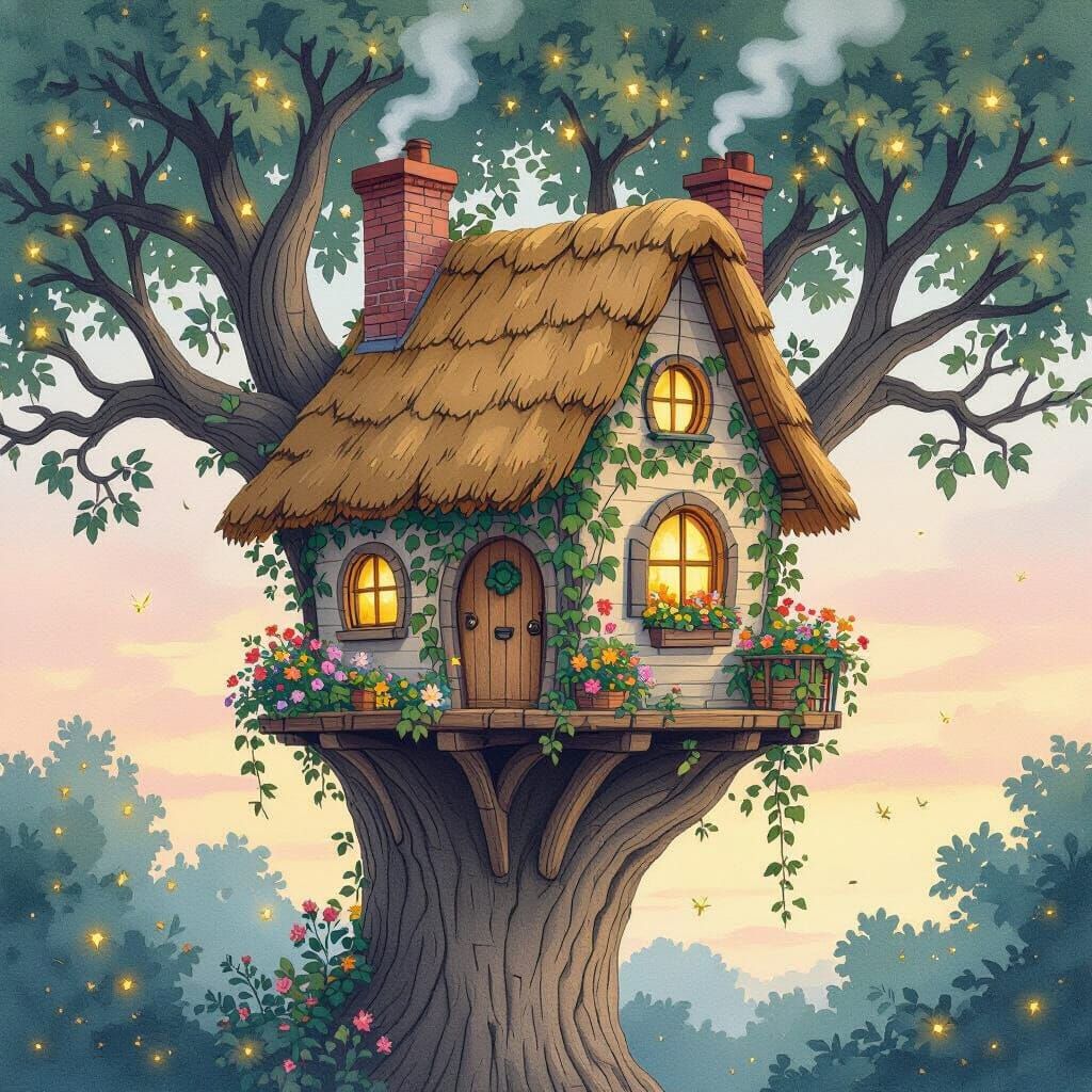Cozy Treehouse in Watercolor Style at Twilight