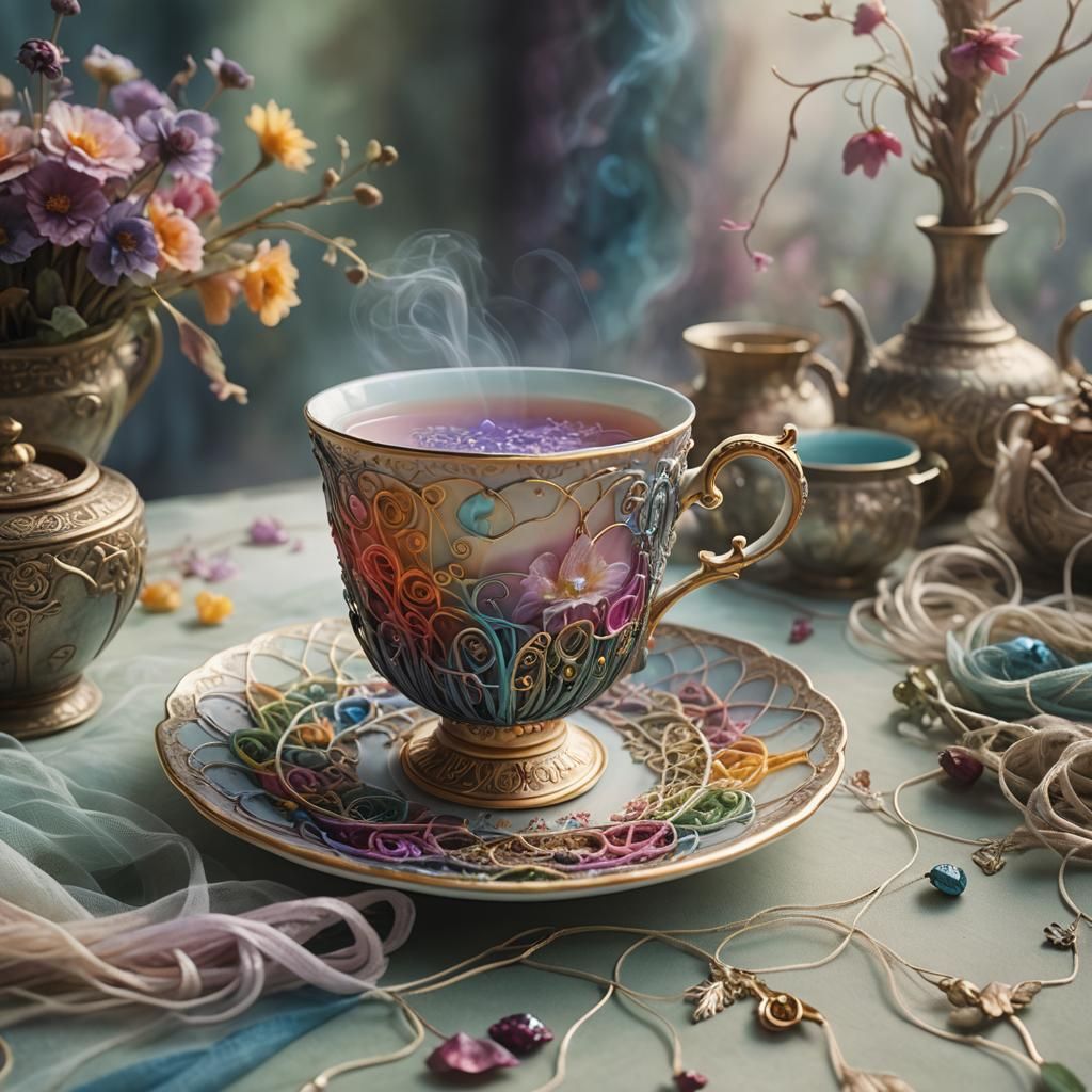Thread Teacup on Misty Table, Whimsical Matte Painting