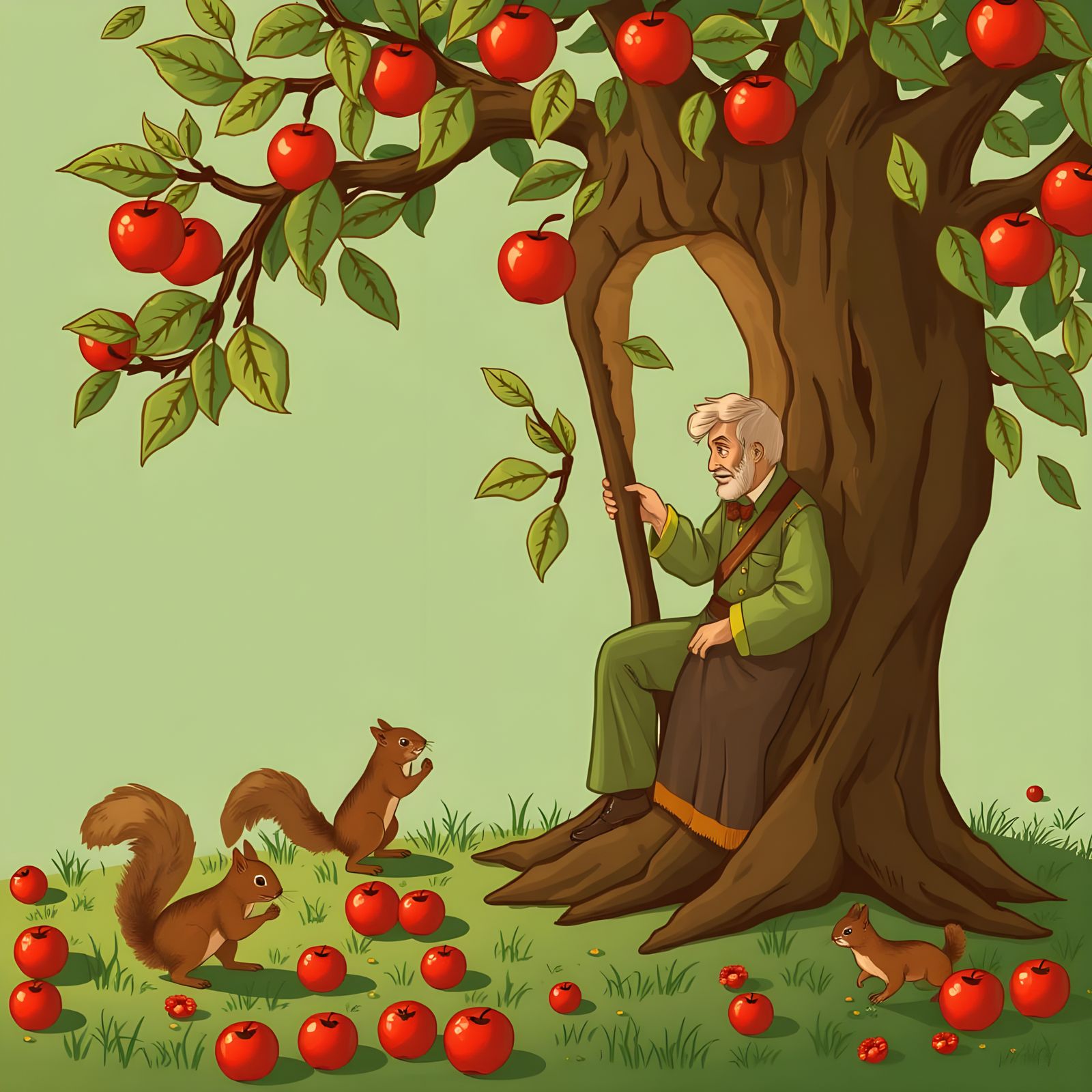 Man Paints Apple Tree Scene with Squirrel
