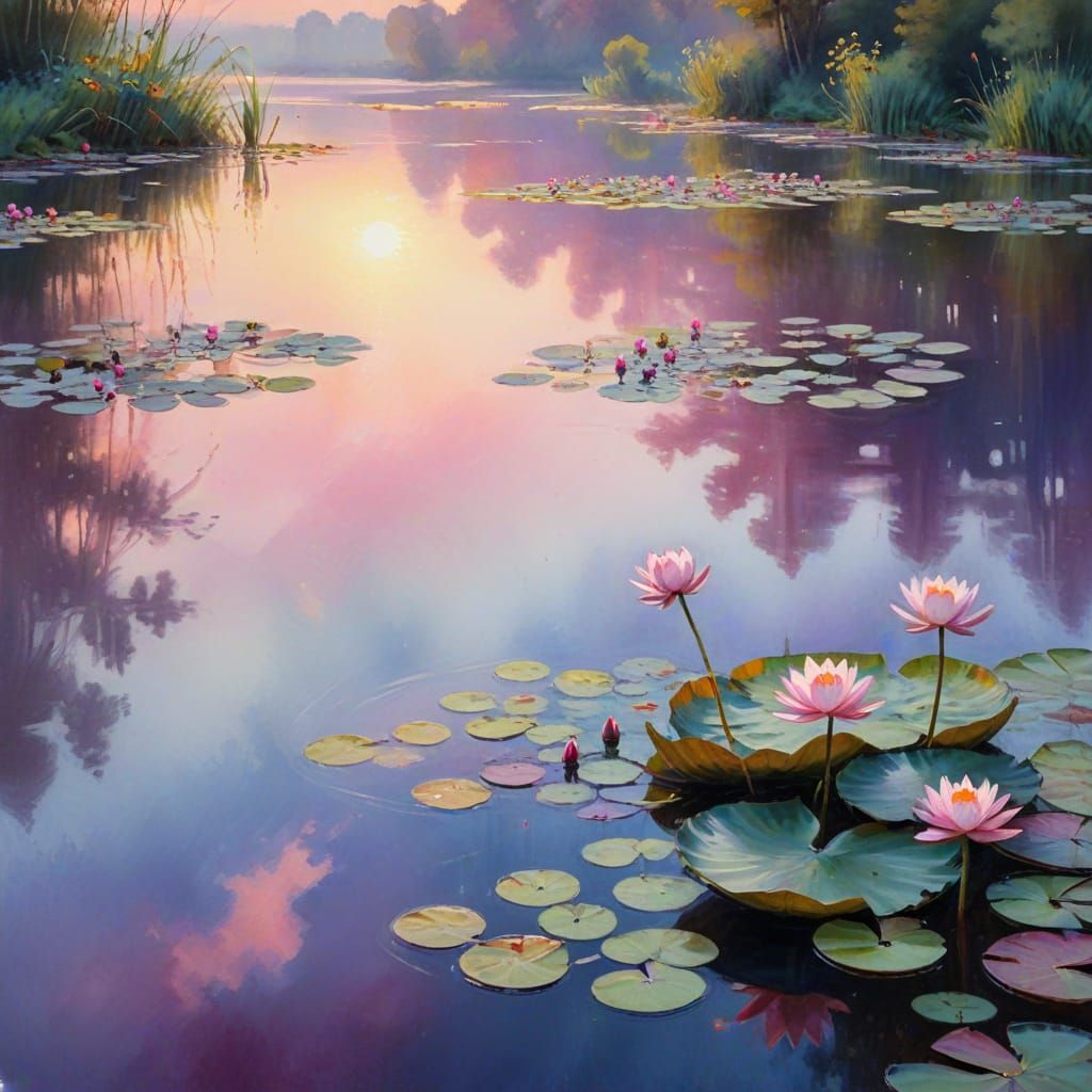 Impressionist Watercolor of Serene Lake with Water Lilies