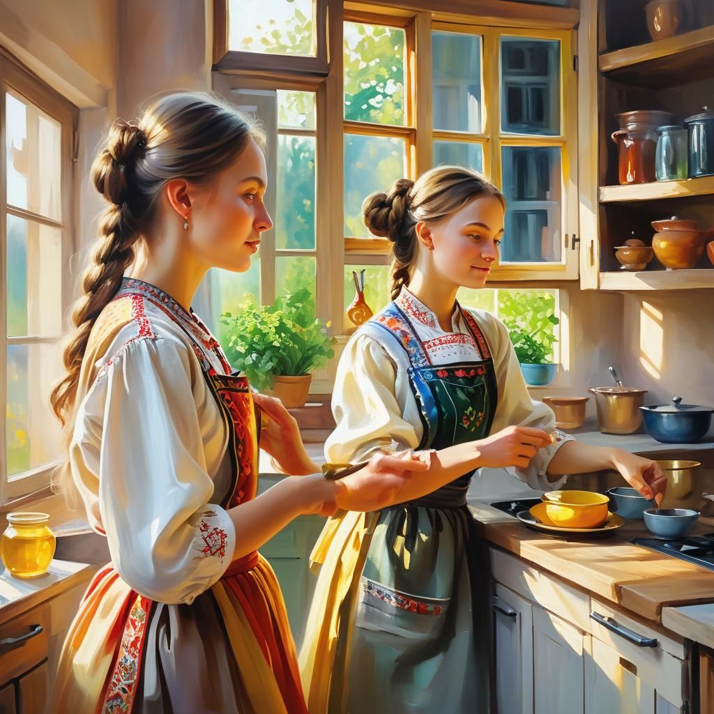 Ukrainian Women in Carpathian House as Impressionist Paintin...