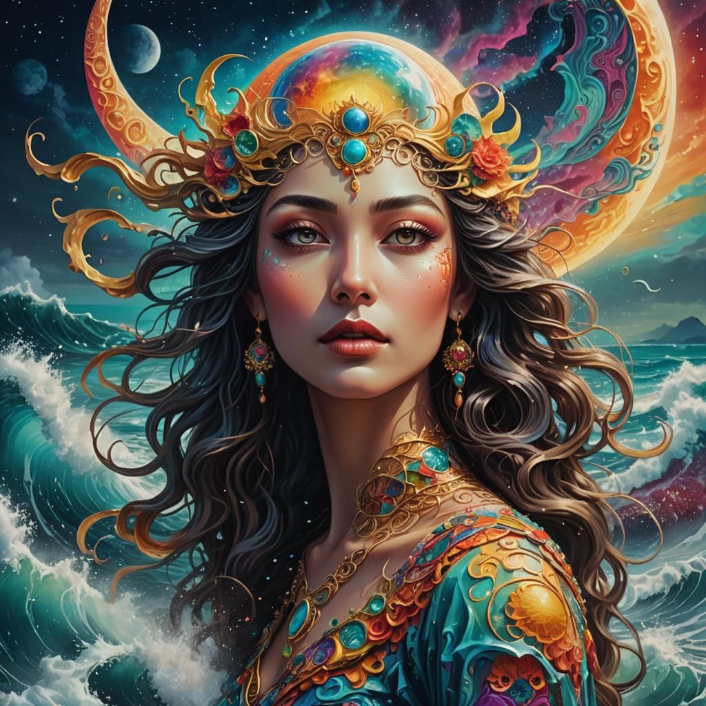 Moon Goddess Amidst Cosmic Ocean Waves