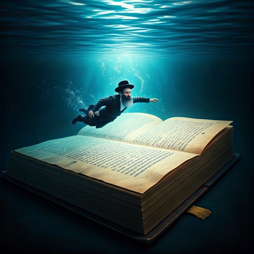 Hasidic Man Swimming in Talmud Book, Fantasy Art