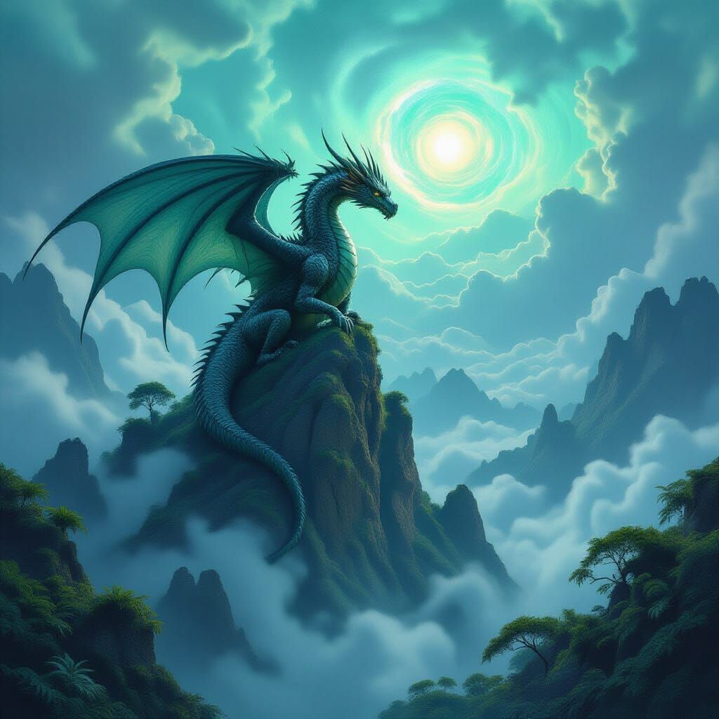 Ancient Obsidian Dragon Surveys Alien Jungle