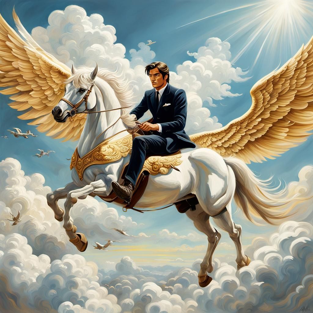 Man on Pegasus in Sky, Moreau-Style Oil Painting