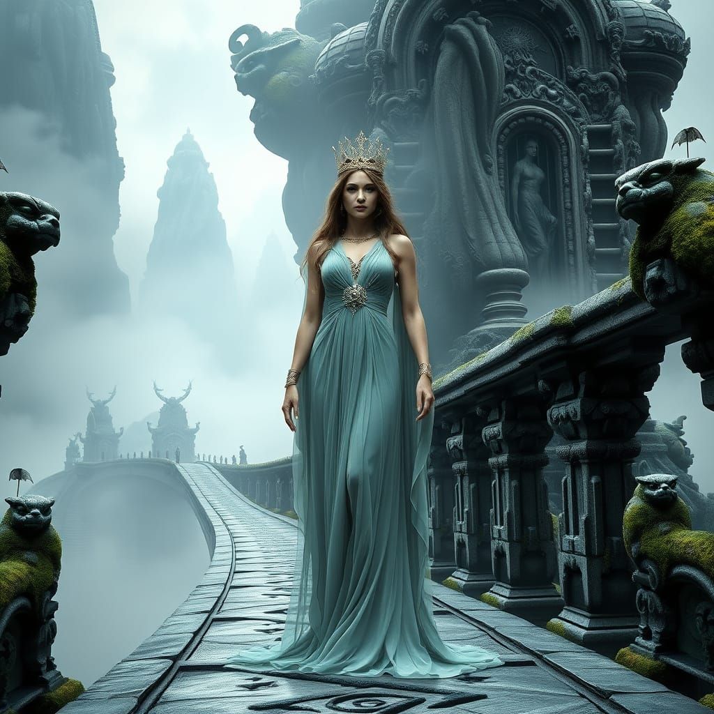 Ethereal Goddess on a Grand, Sweeping Bridge in a Dreamlike ...