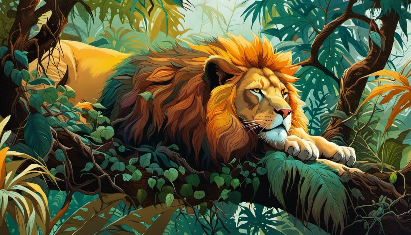 Lion Asleep in Jungle Tree: Hyperrealistic Art