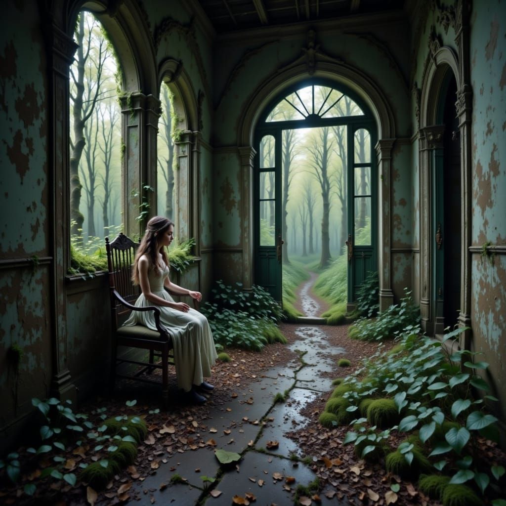 Sad Child in Ruined Castle, Moss Covered