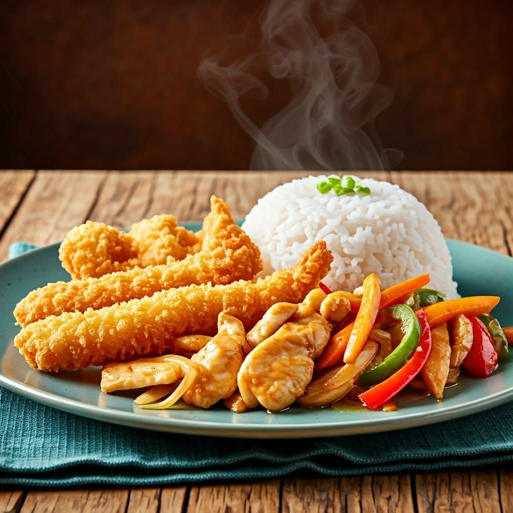 Crispy Shrimp, Chicken, and Tofu with Rice