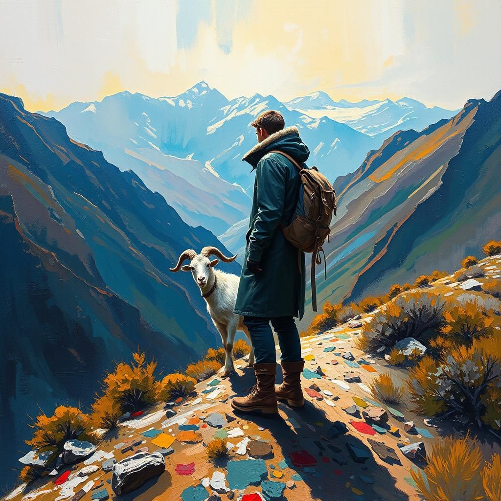 Post-Apocalyptic Man and Goat in Hyper Impressionism