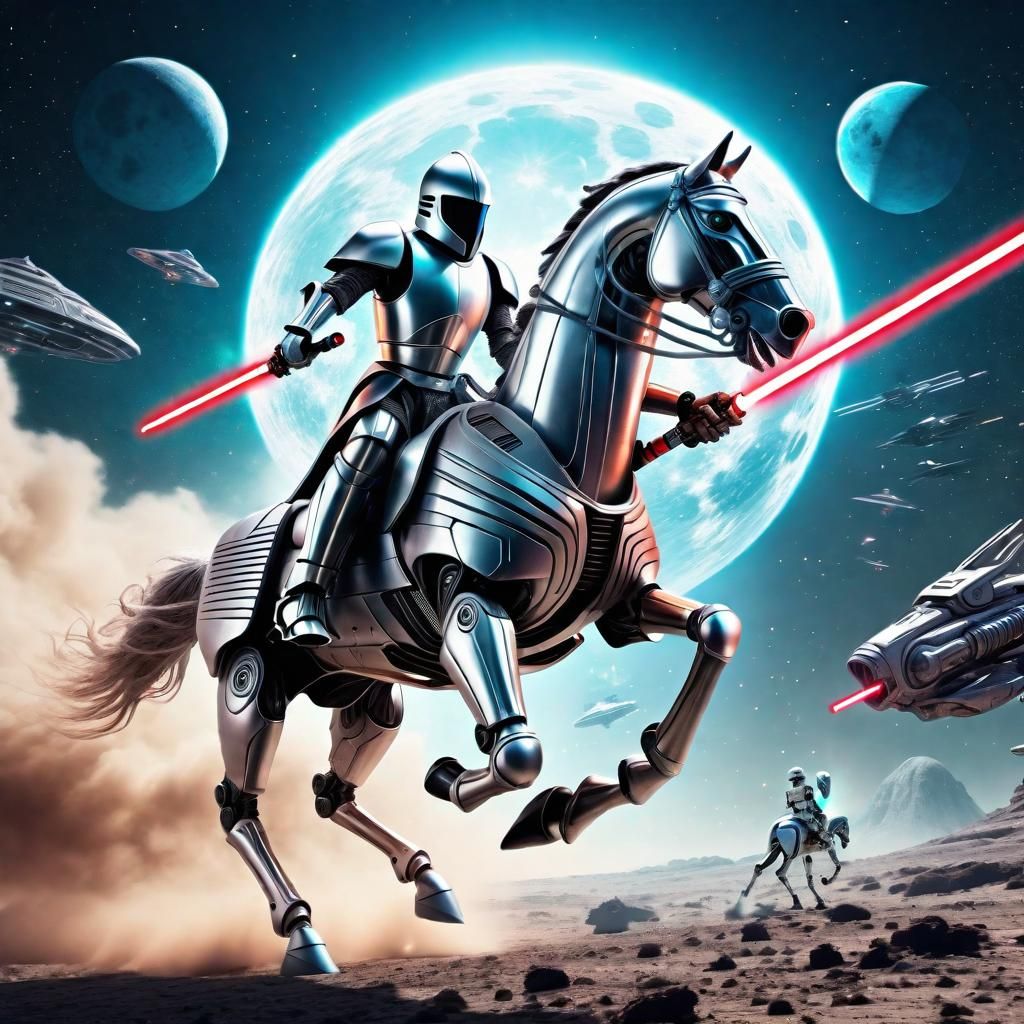 Futuristic Knight Attacks Aliens on Flying Robot Horse