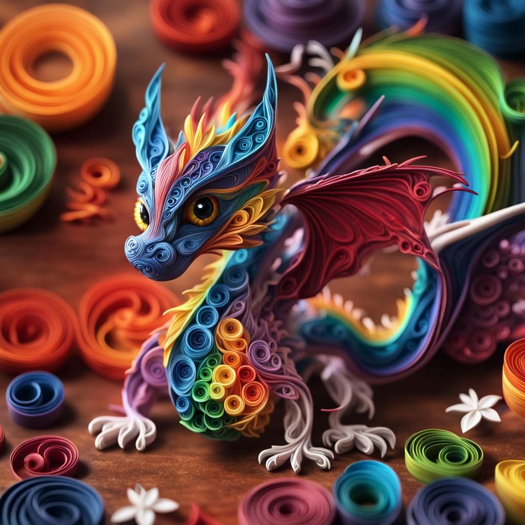 Vibrant Quilling Paper Rainbow Dragon Graffiti Art