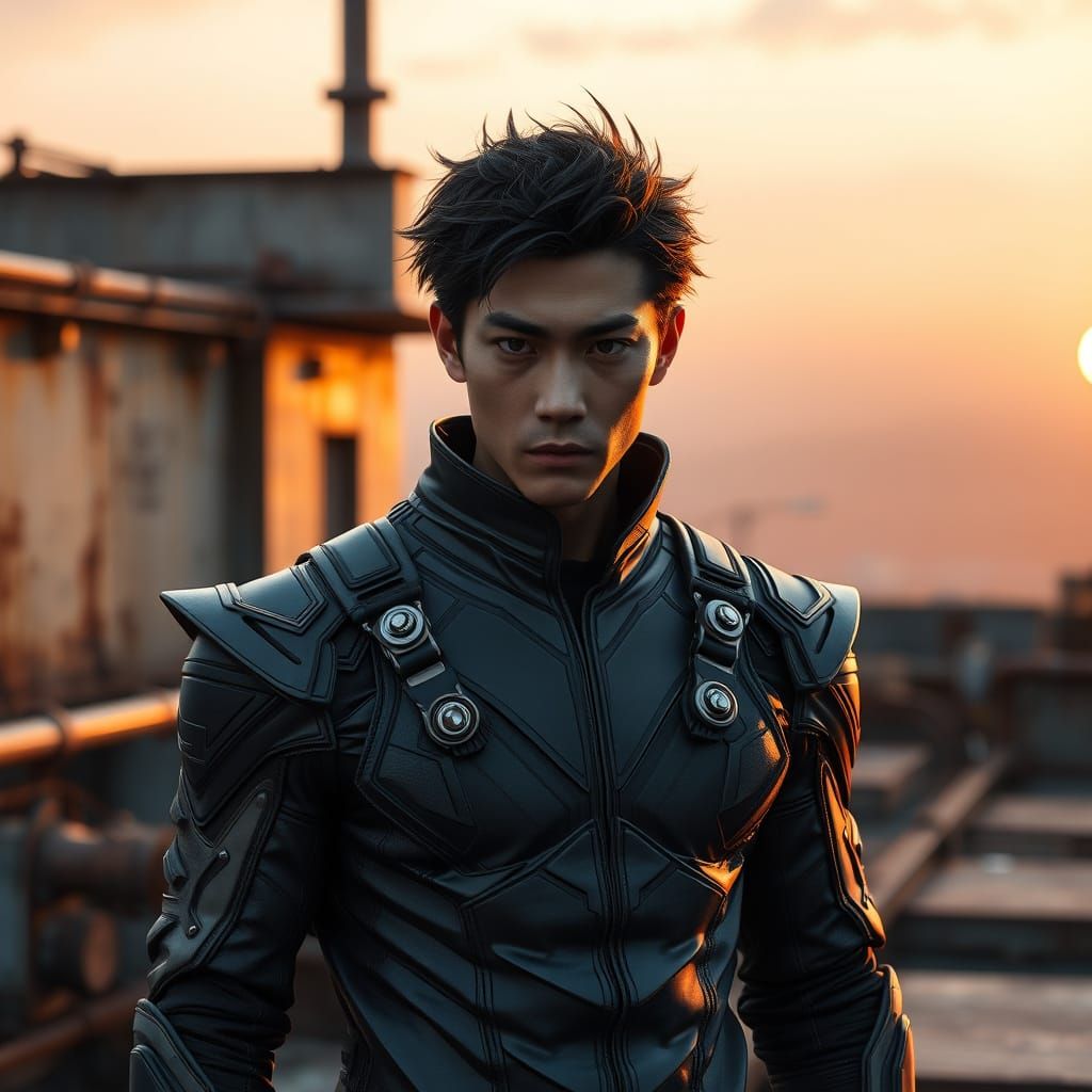 Japanese Superhero in Futuristic Ninja Suit at Sunset