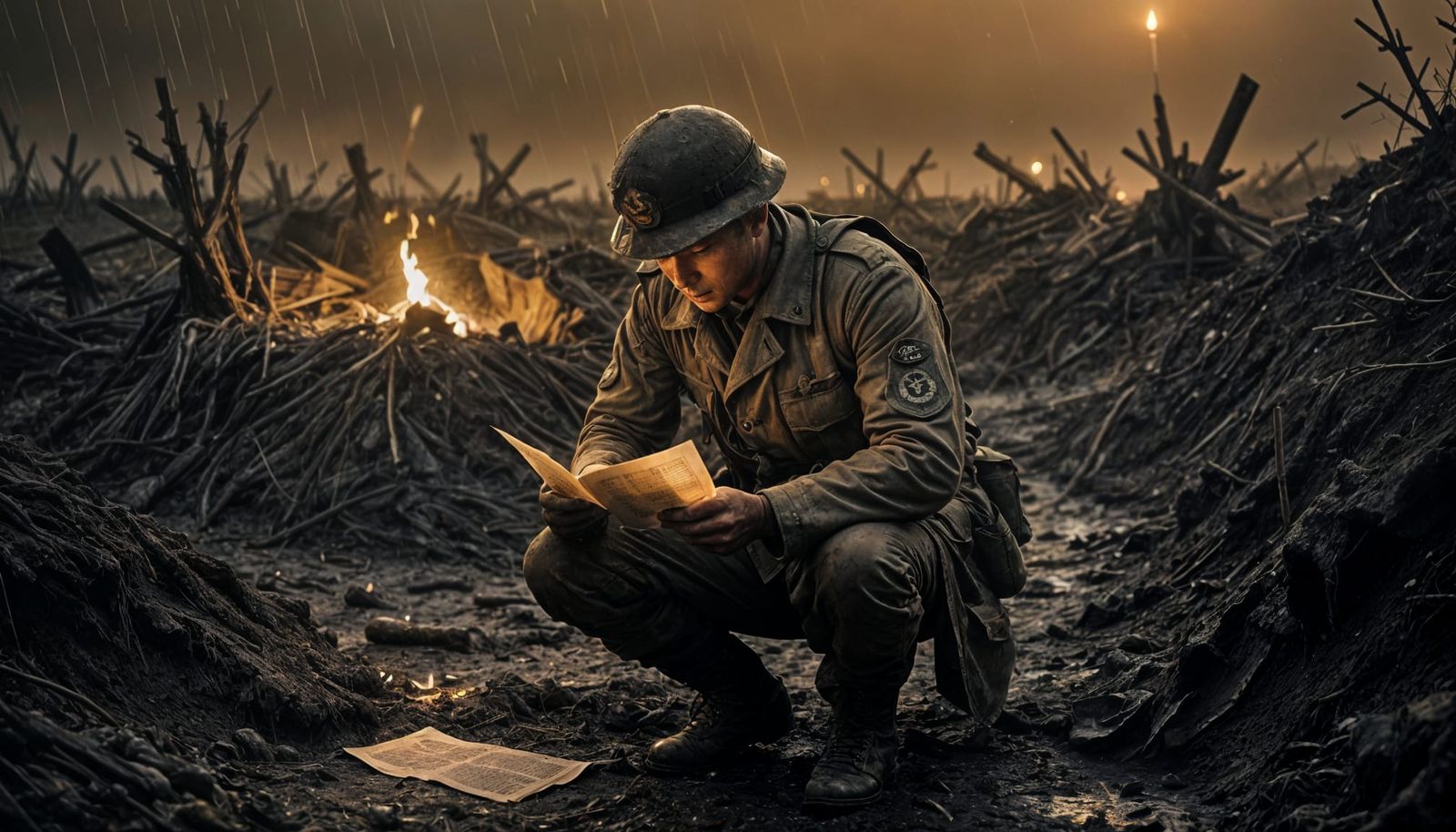 Soldier Reads Letter in Trench: War Photography