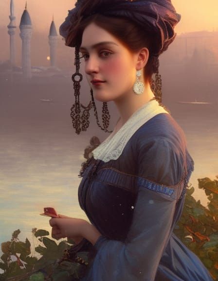 Victorian Woman with Istanbul Backdrop, Art Nouveau Portrait