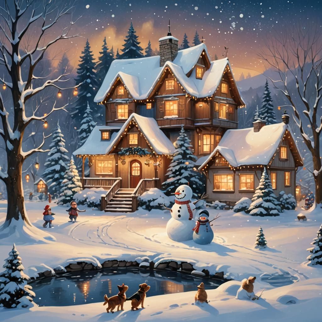 Whimsical Winter Scene with Snowman and Christmas Lights