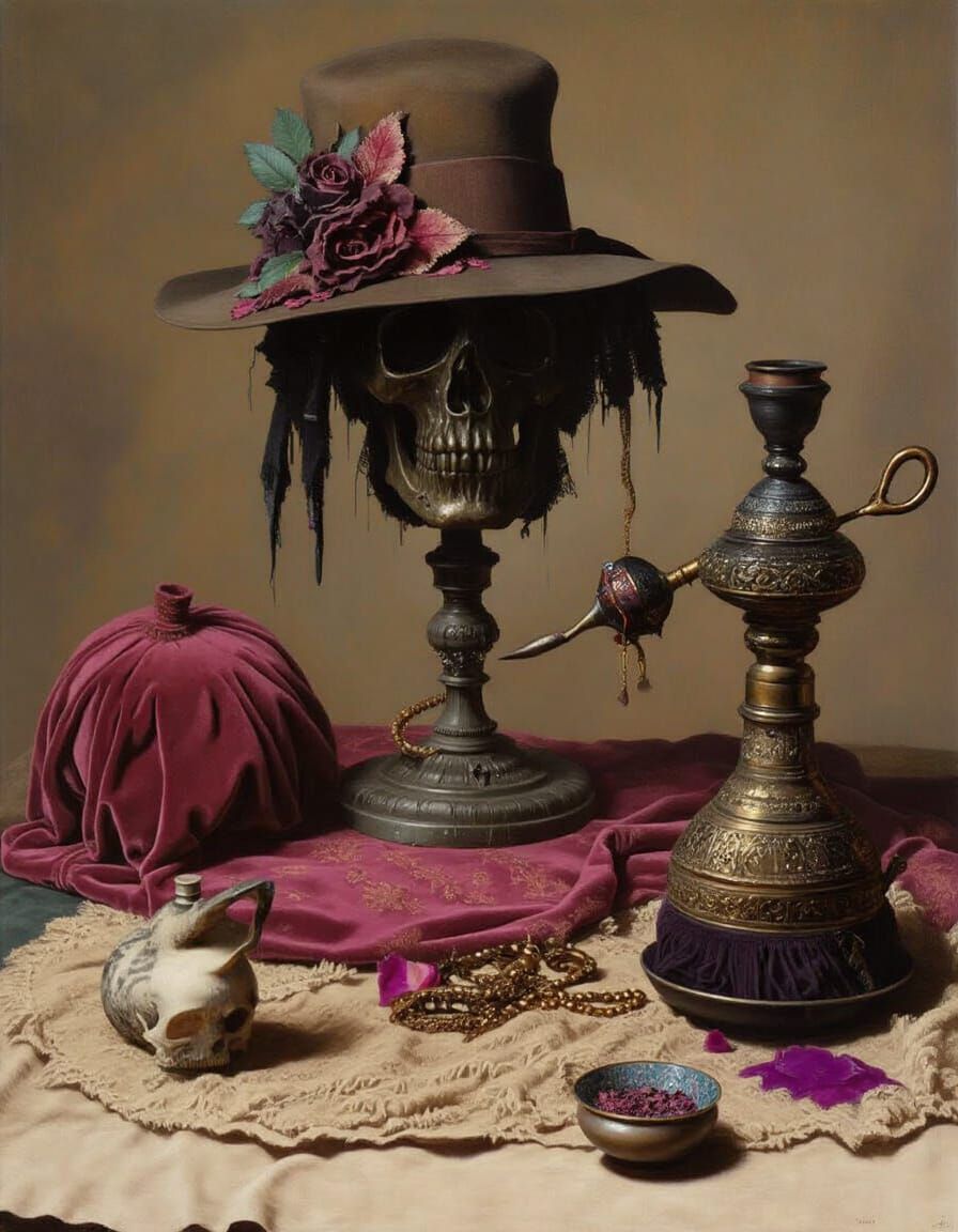 Macabre Bohemian Still Life in Hyperrealism Style