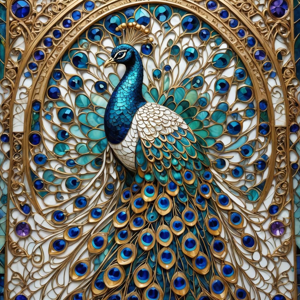 Jeweled Marble Peacock with Stained Glass Background