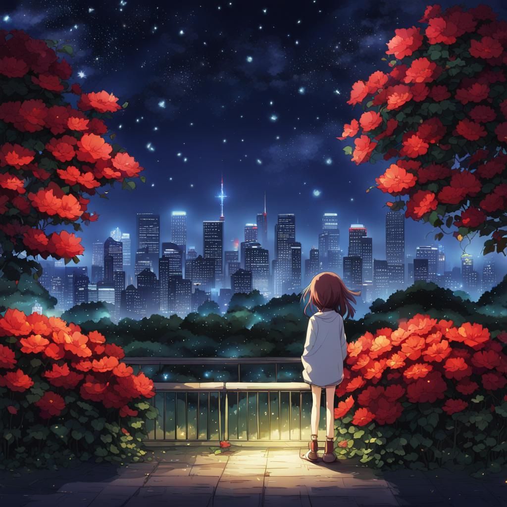Hibiscus in City Park at Night: Anime Style