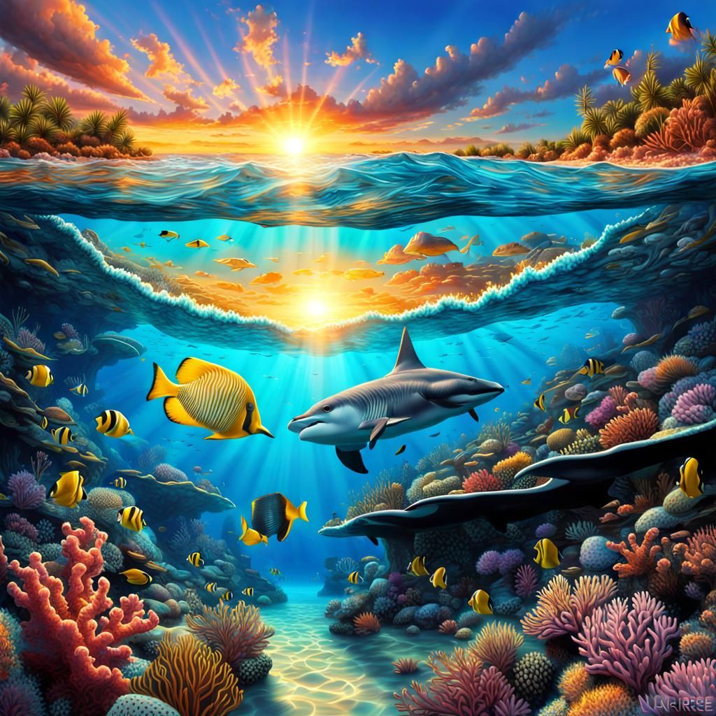 Ocean Reef Sunset: Underwater Digital Art