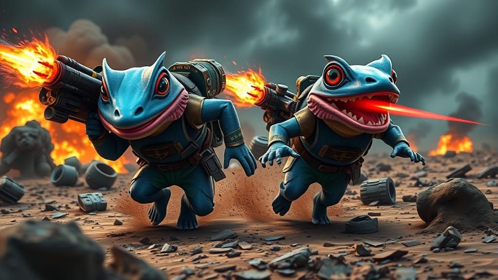 Cyberpunk Axolotl Warriors Engage in Intense Battle