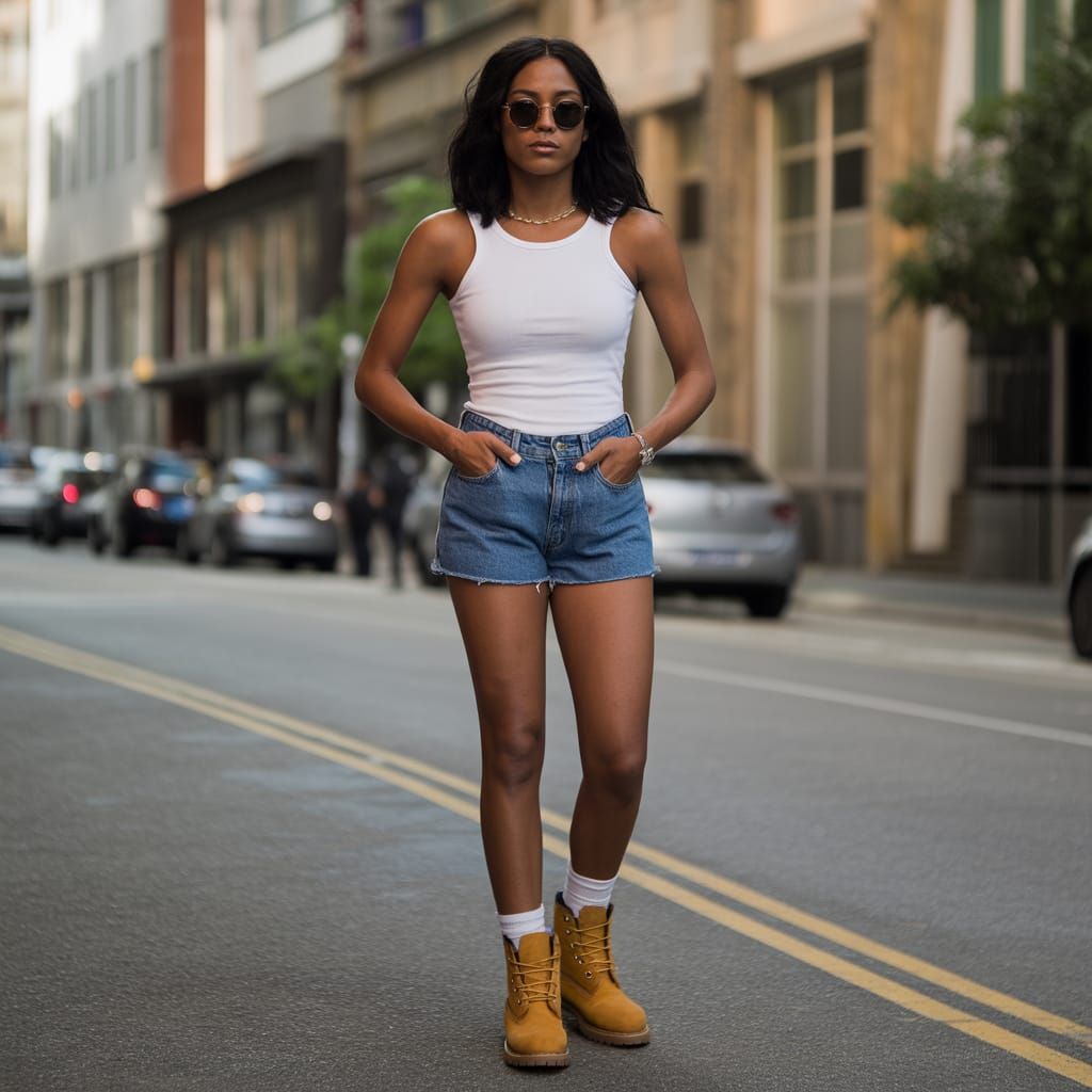 Woman in White Tank Top and Jean Shorts with Sunglasses