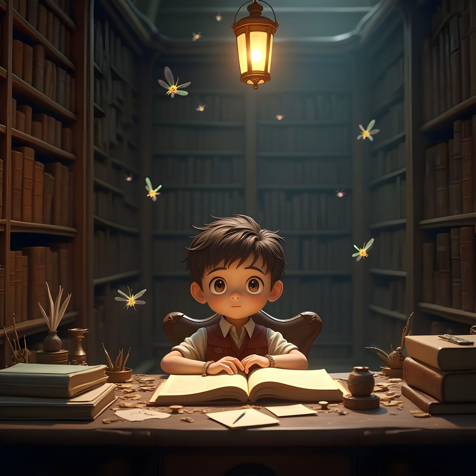 Boy Lost in Victorian Library's Whimsical World