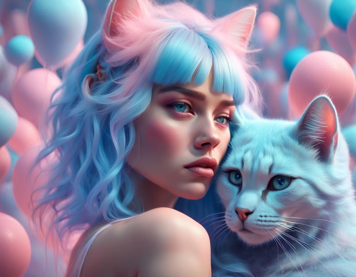 Blue-Haired Woman with Cat in Pastelpunk Style