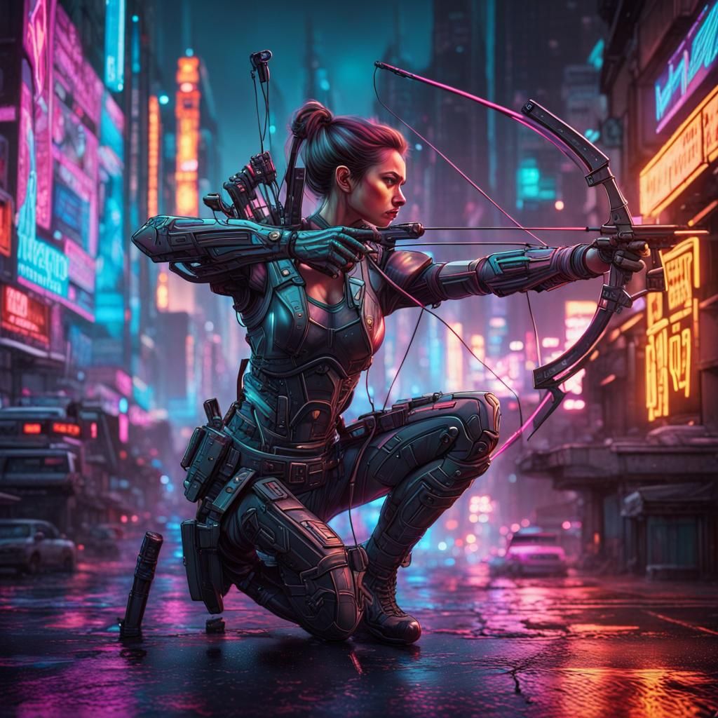 Futuristic Cyberpunk Archer in Neon Cityscape