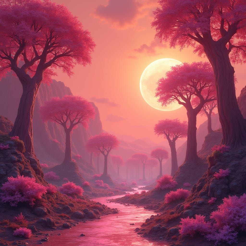 Majestic Martian Landscape with Iridescent Pink Forest