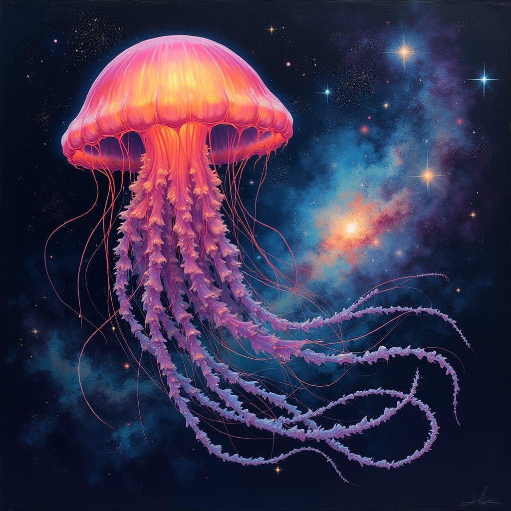 Jellyfish Swim in Cosmic Galaxy, Digital Art