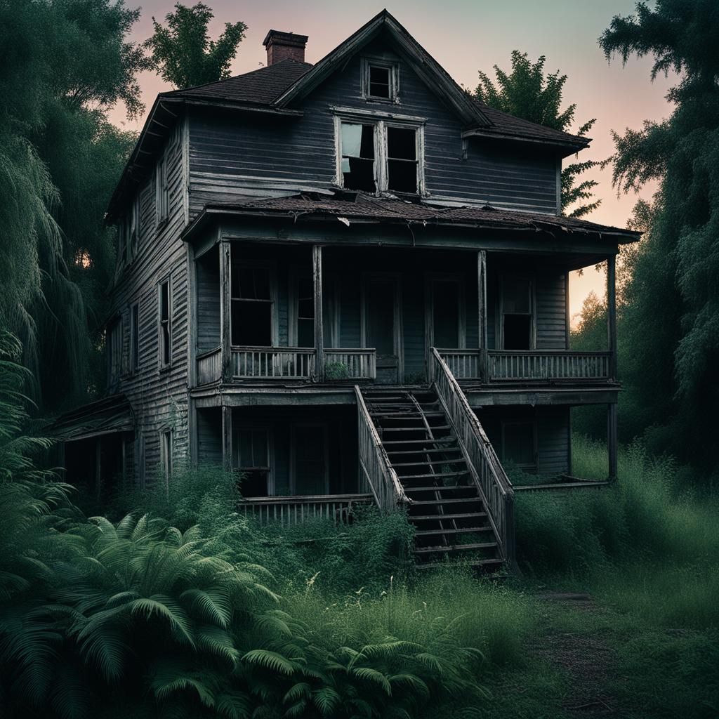 Creepy Girl in Haunted House at Dusk