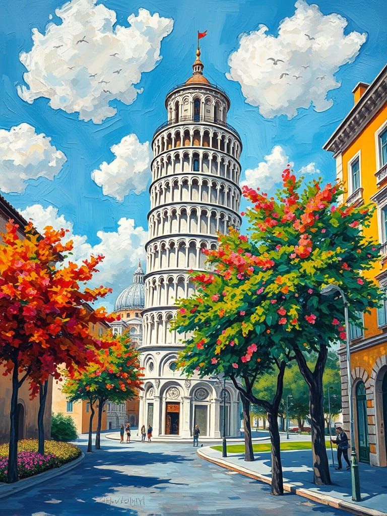 Tower of Pisa in Expressionist Impasto Style