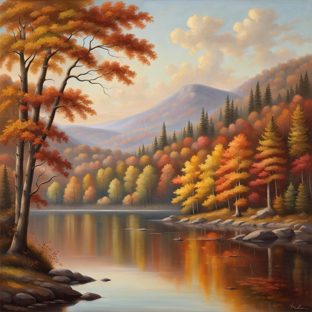 Autumnal Lake Scene in Hudson River School Style