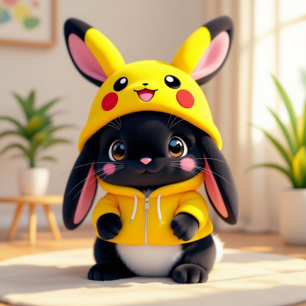 Kawaii Black Rabbit Plushie in Pop Art Style