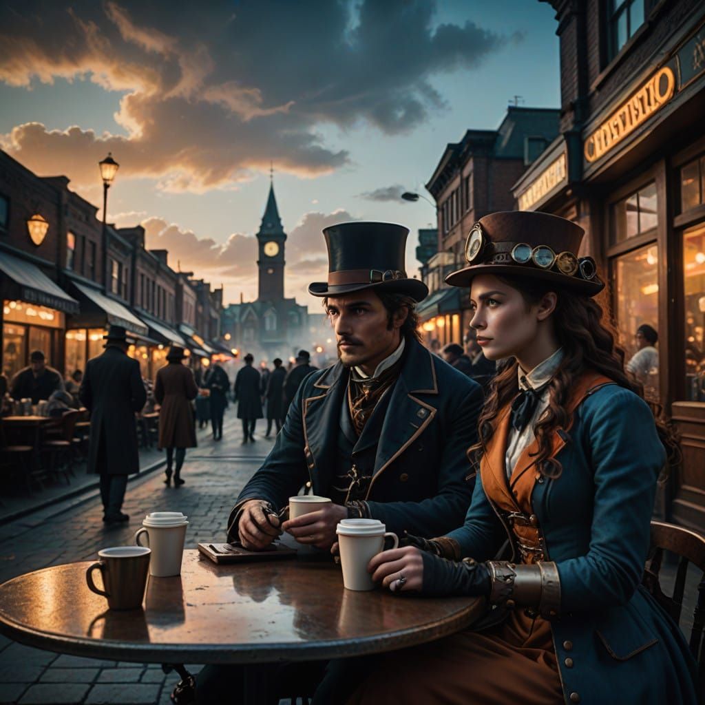 Ethereal Steampunk Metropolis in Golden Hour Glory