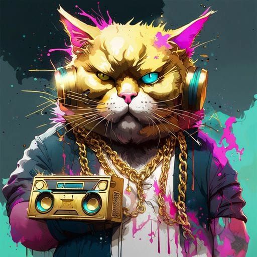 Gangster Cat Rapper in Oil Painting Style