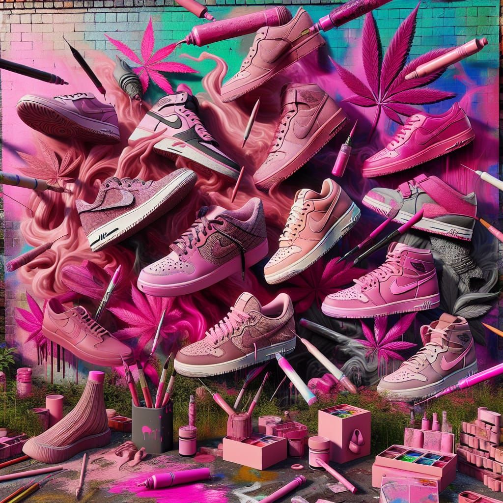 Hyperrealistic Cannabis-Themed Pink Footwear in Street Art S...