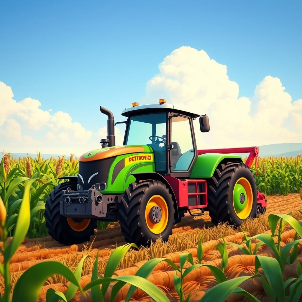 Tractor 'Petrovici' Ploughing Cornfield in Cartoon Style