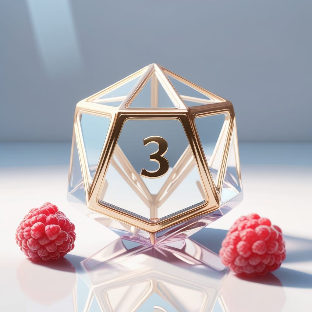Sleek Glass Icosahedron with Raspberries in Soft Pastel Ligh...