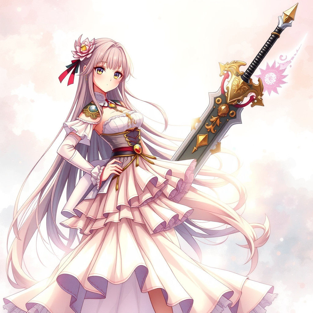 Anime Woman with Sword in Dreamy Setting