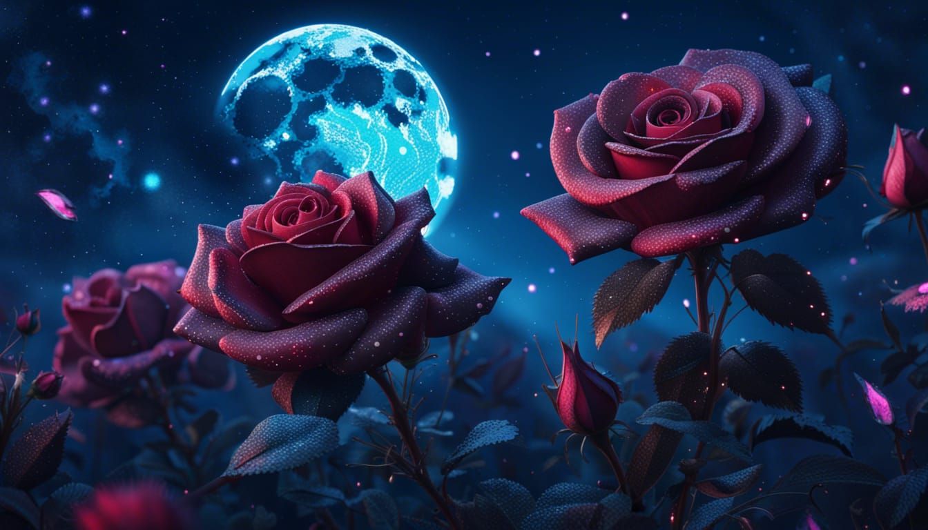 Surreal Rose Blooms under Deep Night Sky