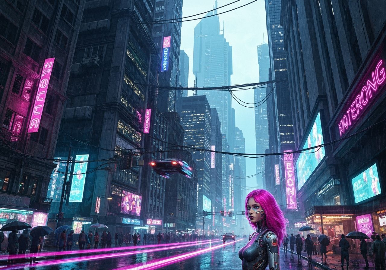 Cyberpunk Cityscape with Neon Lights and Cybernetic Woman