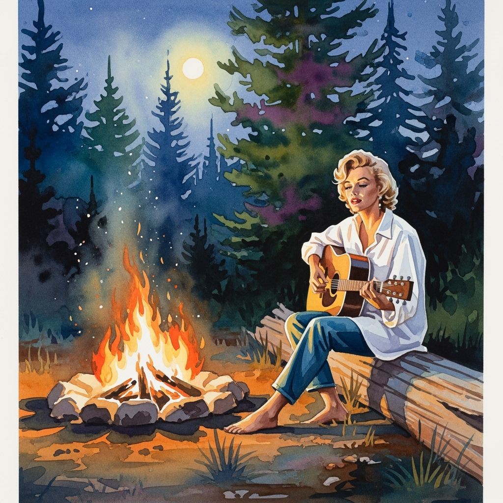 Marilyn Monroe Plays Guitar by Campfire in Watercolor