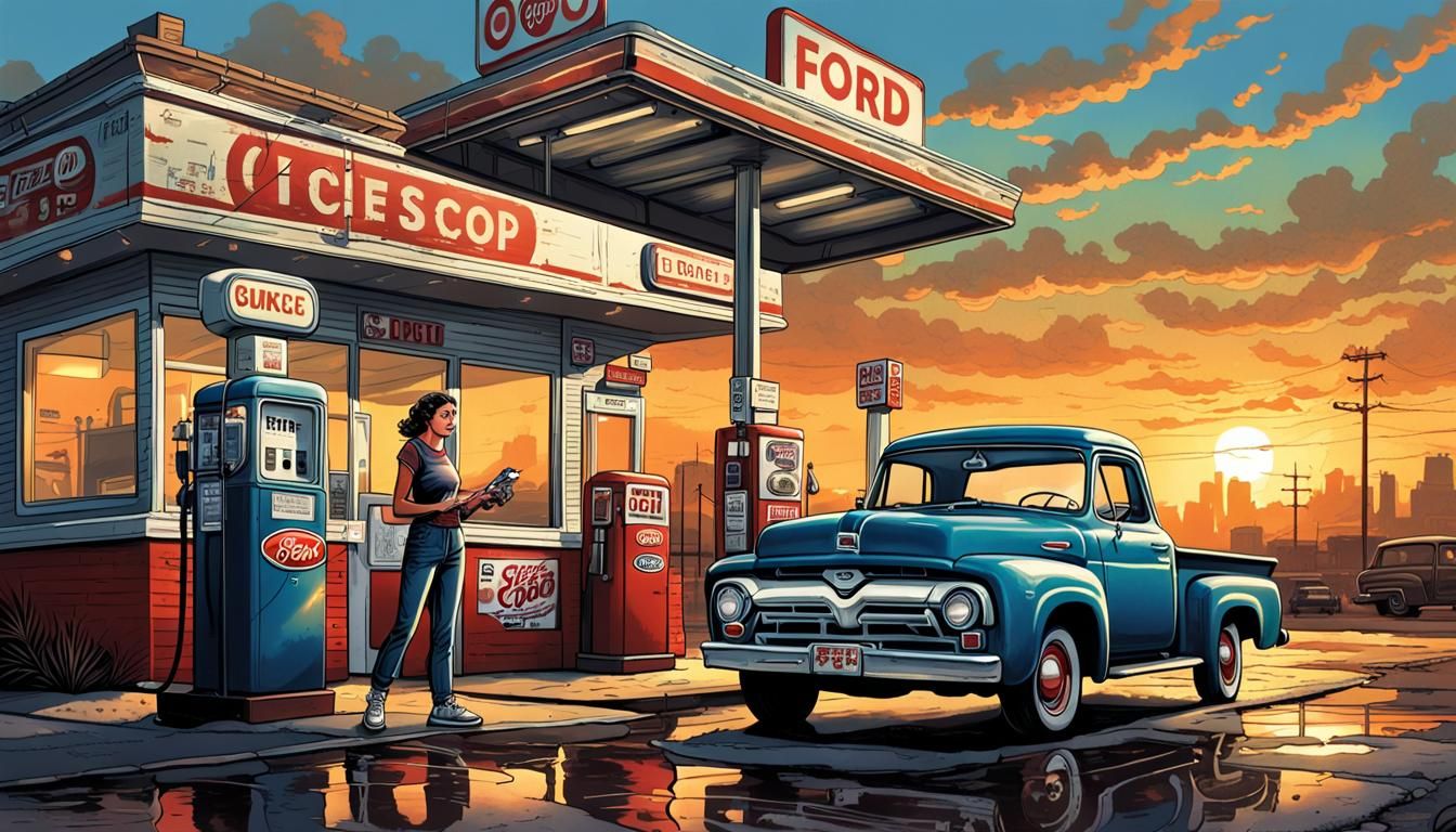 Woman at Gas Station: Comic Book Art by Brooks & Mumford