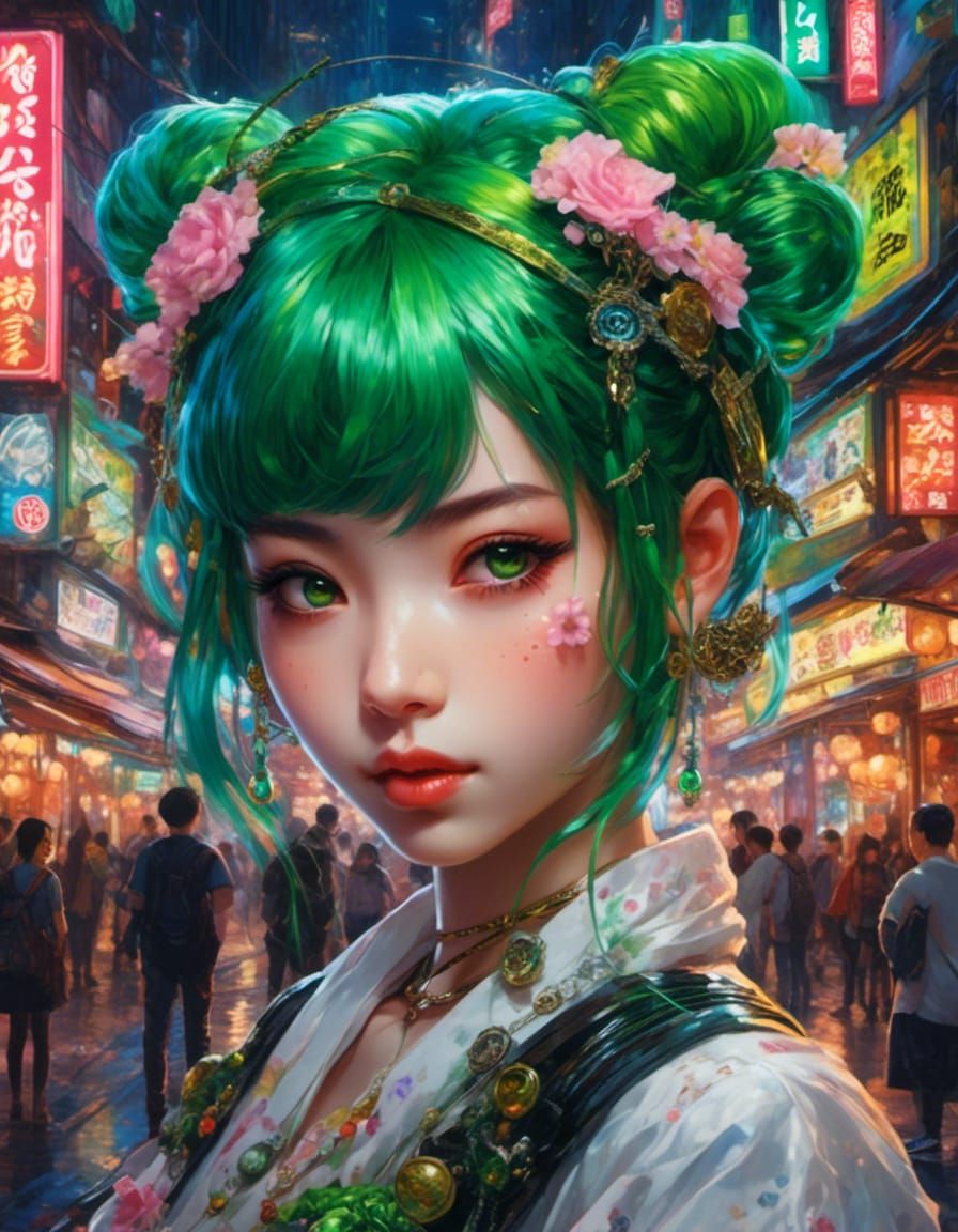 Kawaii Teen Selfie in Glittery Neon Tokyo